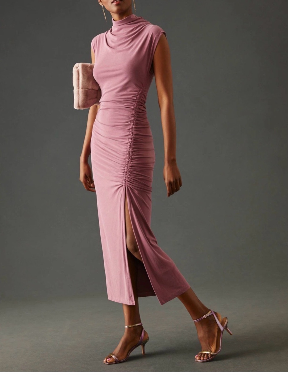 Anthropologie Pink Ruched Cowl Neck Midi Dress with Slit in Dusty Rose Size S